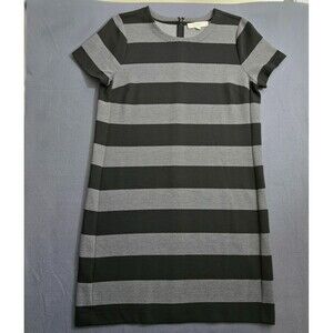 Ann Taylor LOFT Women L Short Sleeve Wide Black Gray Stripe Comfort Shift Dress